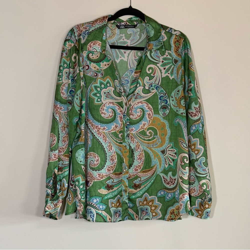 ZARA Paisley Button-Down Blouse – Women’s Size XXL – Made in Spain Green